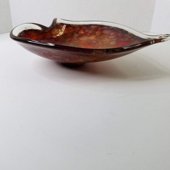Murano Style Bowl Rolled Edge Glass 9" Gold Foil Amber Red Vintage Italian - Picture 5 of 7